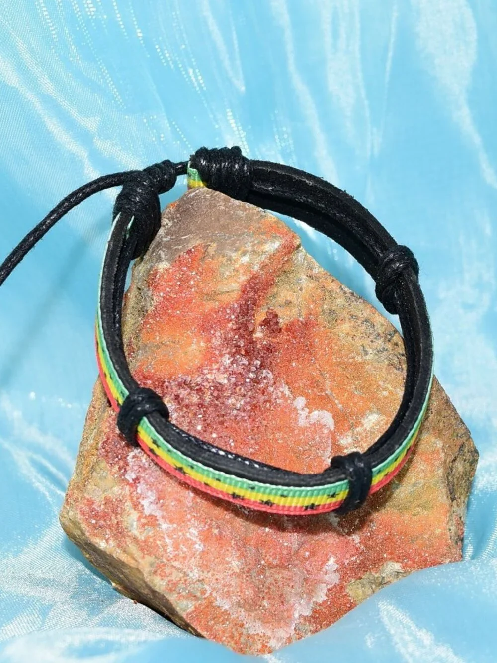Rey Ribbon Stripes Stars Slide Tie Bracelet Black Yellow Green Mens Gift Boxed